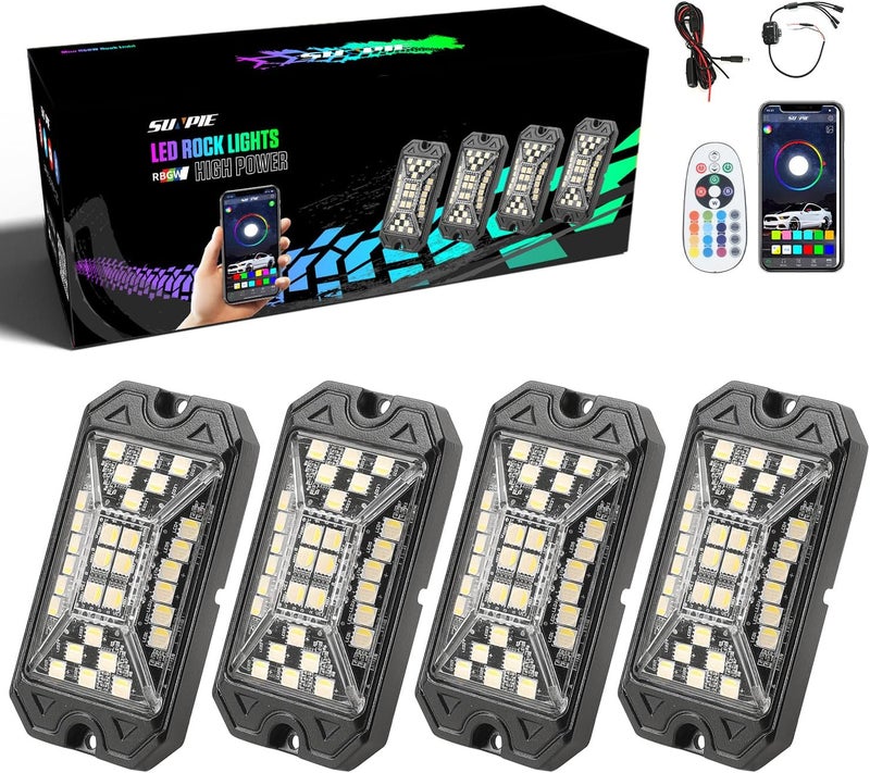 SUNPIE 4 Pods RGBW Rock Lights – Full Beam Angle, 30 High Power Chips, Aluminium Housing, Mounting Pads Included, IP67 Waterproof, Music Mode Underglow Lights, Fits Trucks, SUV, ATV, UTV, Boats - Image 1